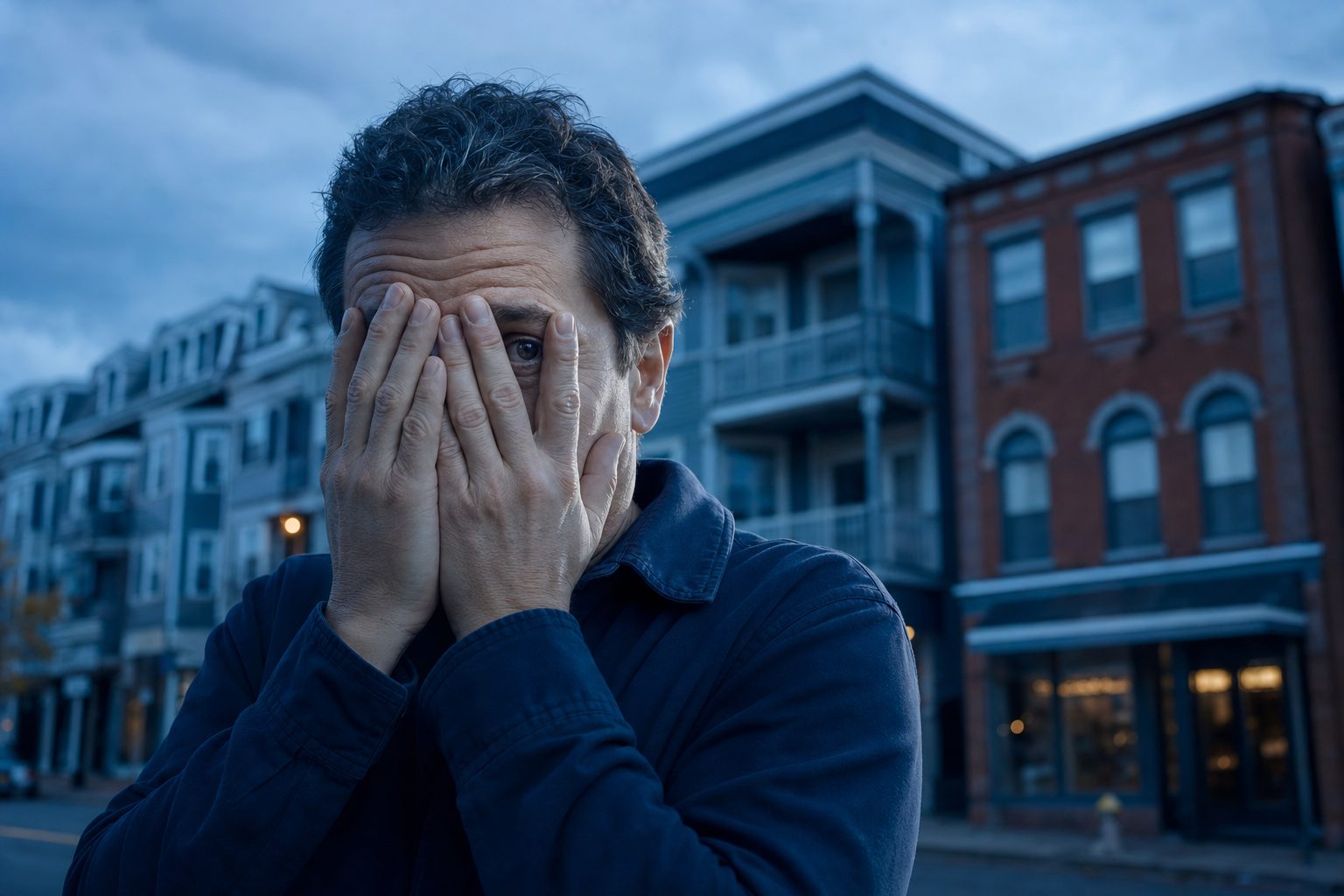 A Fall River property owner peeks anxiously through their fingers at a row of South Coast multi-family triple-deckers and a brick mixed-use storefront at dusk — the fear of not knowing what's happening inside the buildings they own.