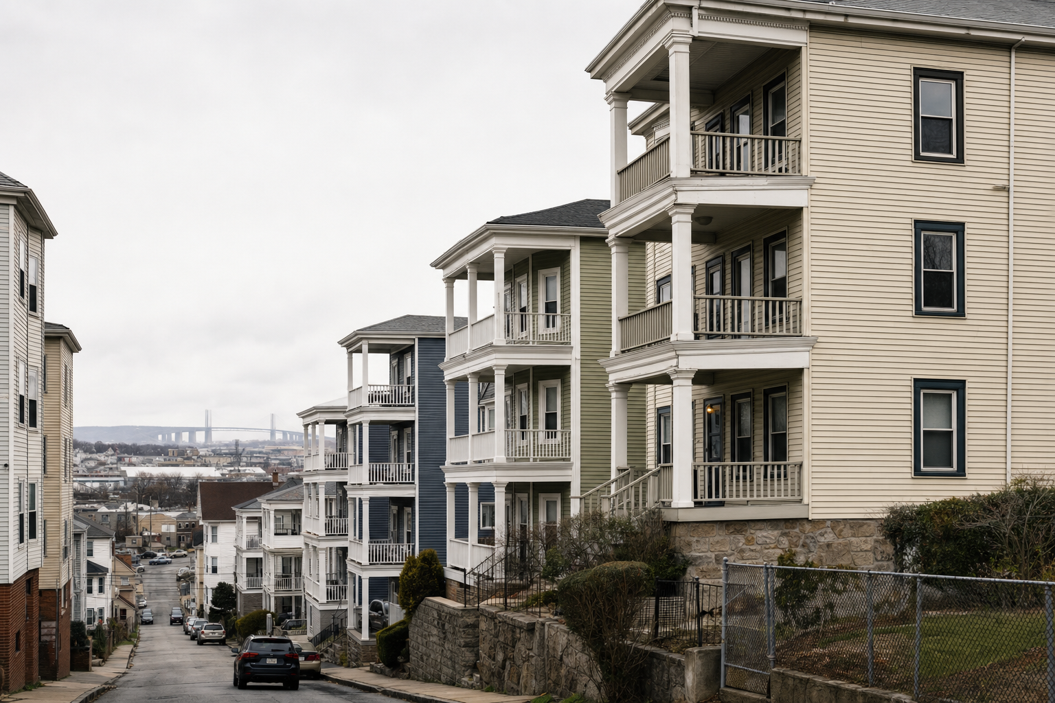 Cascading three-story porches on a hilly Fall River street of pre-1978 triple-deckers