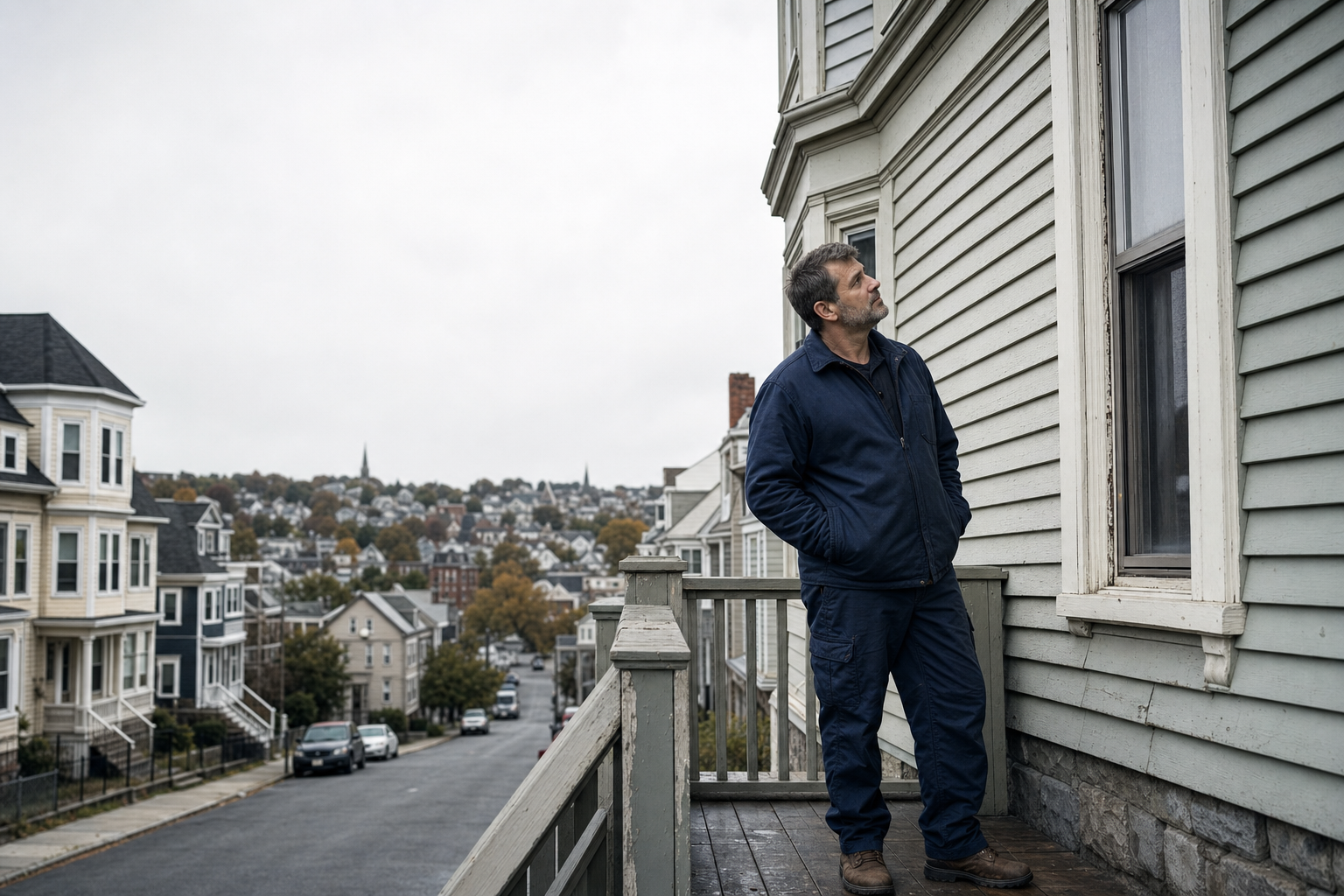 Property owner on a Fall River triple-decker porch reviewing pre-1978 clapboard and window trim